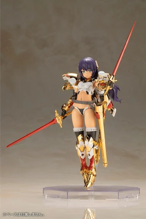 Introducing the latest addition to the Frame Arms Girl series, the golden knight DURGA GOLD RITTER! Frame Arms Girl Durga I is a re-imagining of ToMo's mecha design transformed into an original female character based on an illustration by E-ji Komatsu. A new version of Durga I known as Durga Gold Ritter is here with luxurious gold-plated armor and additional parts.