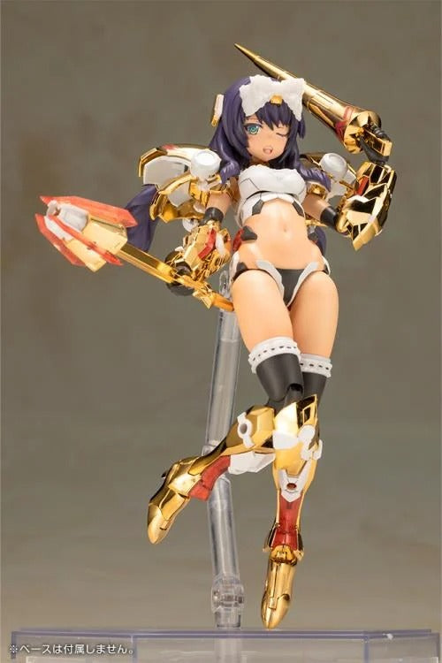 Introducing the latest addition to the Frame Arms Girl series, the golden knight DURGA GOLD RITTER! Frame Arms Girl Durga I is a re-imagining of ToMo's mecha design transformed into an original female character based on an illustration by E-ji Komatsu. A new version of Durga I known as Durga Gold Ritter is here with luxurious gold-plated armor and additional parts.