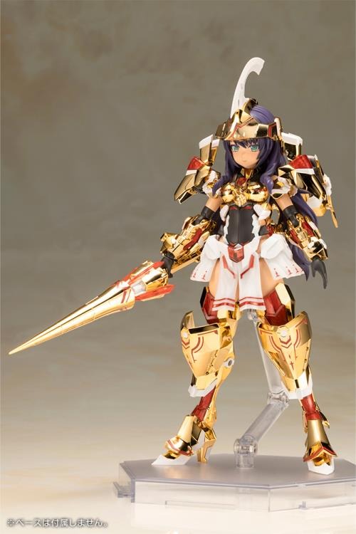 Introducing the latest addition to the Frame Arms Girl series, the golden knight DURGA GOLD RITTER! Frame Arms Girl Durga I is a re-imagining of ToMo's mecha design transformed into an original female character based on an illustration by E-ji Komatsu. A new version of Durga I known as Durga Gold Ritter is here with luxurious gold-plated armor and additional parts.