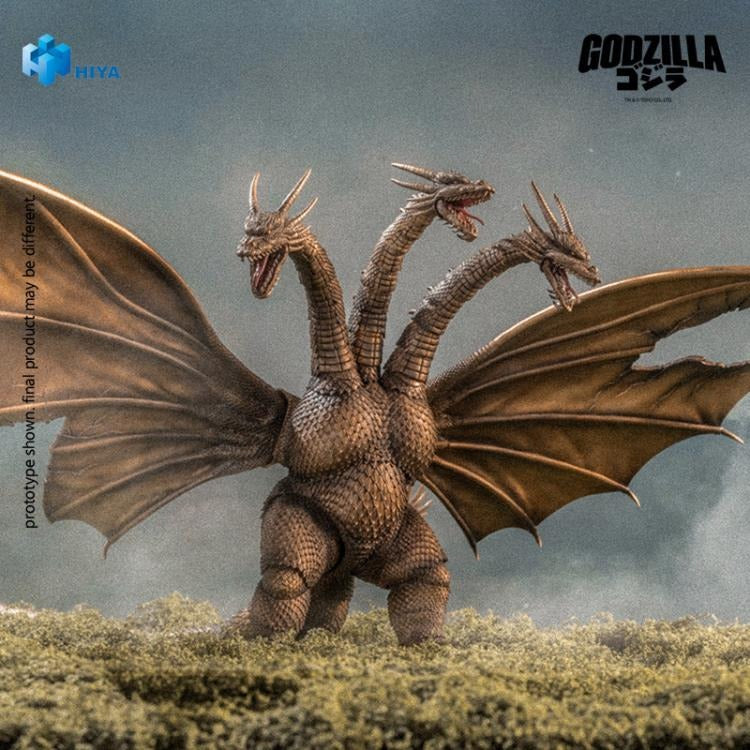 From Godzilla vs. King Ghidorah (1991), the iconic King Ghidorah soars into the Hiya Toys EXQUISITE BASIC Series in his battle-damaged form! This detailed figure captures King Ghidorah in his post-battle state, faithfully recreating the scorched and torn appearance from his intense clash with Godzilla. The figure features a charred, scorched-brown color scheme with realistic sculpting and film-accurate detail! Standing an imposing 13" tall with an impressive 18.5" wingspan