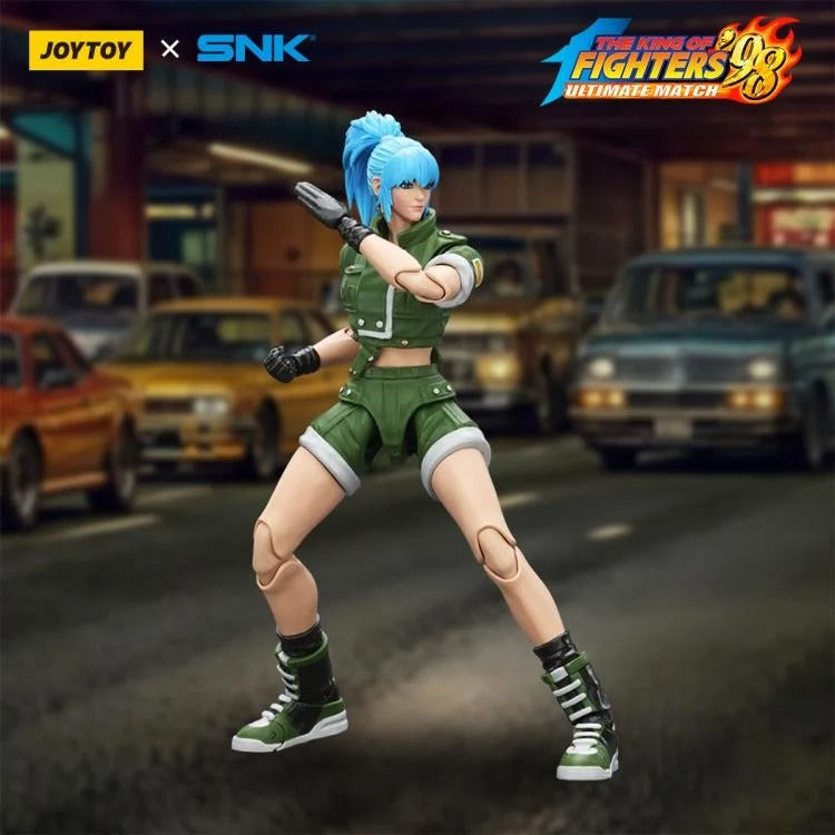 A new fighter is approaching! From the legendary fighting game The King of Fighters '98: Ultimate Match comes the next challenger in 1/18 scale: Leona Heidern! Dressed in her traditional soldier green outfit, Leona comes with a large variety of accessories including energy effects when executing her special moves. Recreated with outstanding detail lifted directly from the game, you'll be able to re-enact your favorite brawls or envision your own high stakes fights in style! Don't miss out on growing your KO