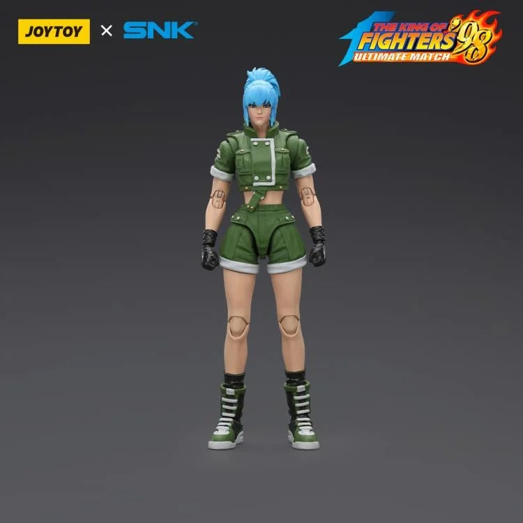 A new fighter is approaching! From the legendary fighting game The King of Fighters '98: Ultimate Match comes the next challenger in 1/18 scale: Leona Heidern! Dressed in her traditional soldier green outfit, Leona comes with a large variety of accessories including energy effects when executing her special moves. Recreated with outstanding detail lifted directly from the game, you'll be able to re-enact your favorite brawls or envision your own high stakes fights in style! Don't miss out on growing your KO