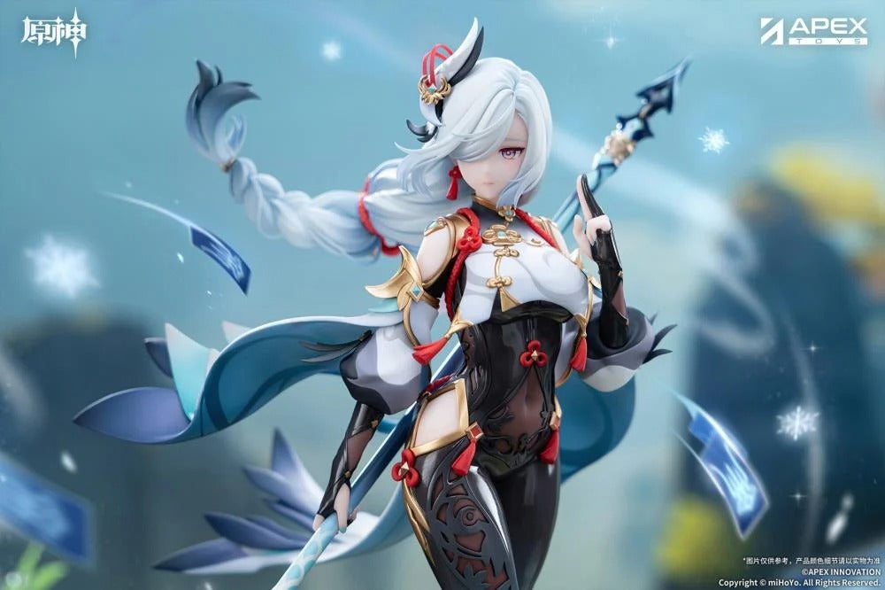 From the popular Genshin Impact video game comes the Shenhe (Lonesome Transcendance Ver.) 1/7 scale figure by Apex Toys! Shenhe is displayed in her memorable outfit from the game while standing on a rock base as she holds her signature weapon Calamity Queller in an iconic pose. This figure is just under 12 inches in height and is intricately detailed to capture the various elements of the character from the game in figure form!