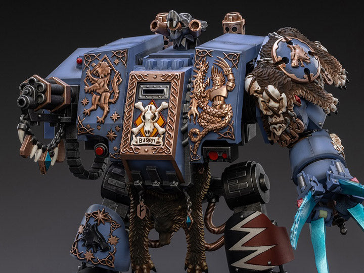 Joy Toy Warhammer 40k Space Wolves Bjorn The Fell-Handed 1/18 Scale Figure JT2924. Interred in a custom-built Dreadnought, JoyToy Bjorn is a legendary figure amongst the Space Wolves, for he fought in the Horus Heresy amongst the retinue of Leman Russ himself.