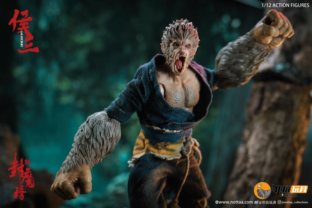 This 1/12 scale articulated figure of the martial artist monk Wukong measures around 6.5 inches tall and features real fabric clothing, alternate hands, monkey mask, beaded necklace, 2 bananas, and his monk staff. This deluxe version also comes with an alternate monkey head sculpt, golden palm effect, 2 ape forearms with fists, wind effects, and 2 extra staffs.