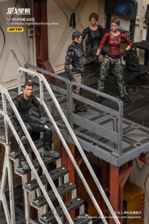 Joy Toy brings even more incredibly detailed 1/18 scale dioramas to life with this mecha depot monitoring area diorama! JoyToy set includes flooring, a pair of lower deck rooms, a monitoring room, railings, and a staircase.