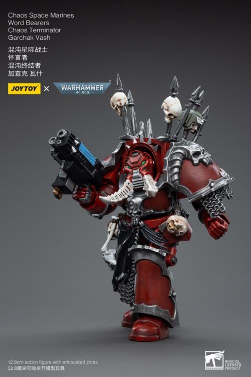 This is a 1/18 scale highly detailed, articulated figure based on Warhammer 40k's Chaos Terminator Garchak Vash of the Chaos Space Marines Word Bearers. The Chaos Terminator Garchak Vash figure stands just over 5 inches tall and comes with several interchangeable parts and accessories, opening the door to a plethora of different and unique display opportunities.