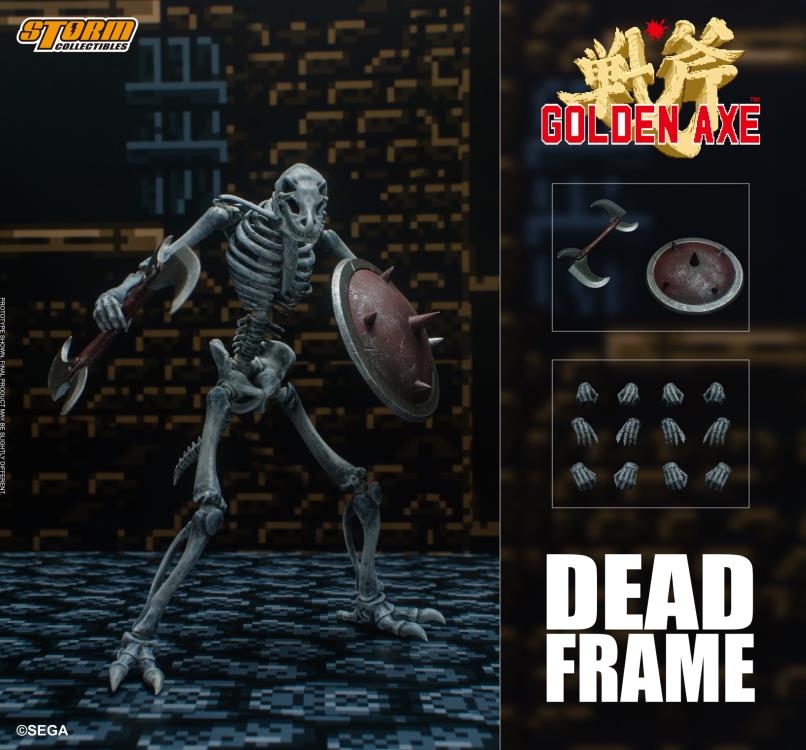 This 1/12 scale figure set is based on the Dead Frame from Golden Axe III. Dead Frames are the bones of an ancient evil monster that has been brought back to life by the magic of Damned Hellstrike. The figures come with multiple interchangeable hands, bladed scythes and shields.