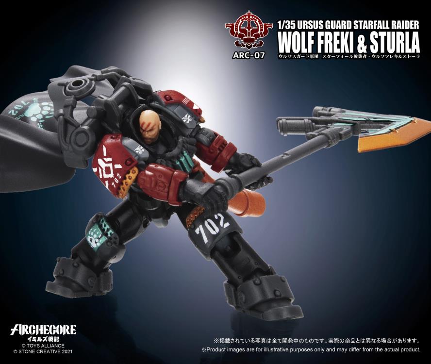 The 1/35 scale Archecore - Saga of Ymirus world of military figures, vehicles, and accessories continues with this ARC-07 Ursus Guard Wolf Freki and Sturla figures!