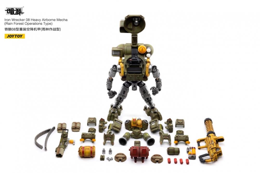 Joy Toy Dark Source Iron Wrecker 08 Heavy Airborne Mecha (Rain Forest Operations Type) 1/25 Scale Action Figure JT2214. JoyToy military vehicle series continues with the Iron Wrecker 08 Heavy Airborne Mecha (Rain Forest Operations Type) and pilot figure!