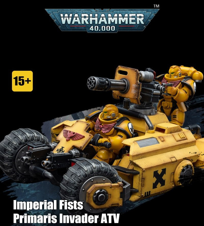 The Imperial Fists are one of the First Founding Chapters of the Space Marines and were originally the VIIthLegion of the Legiones Astartes raised by the Emperor Himself from across Terra during the Unification Wars. Joy Toy brings the Imperial Fists from Warhammer 40k to life with this new series of 1/18 scale figures. The Primaris Invader ATV is 10.23 inches with articulated joints and an impressive level of detail and coloring.
