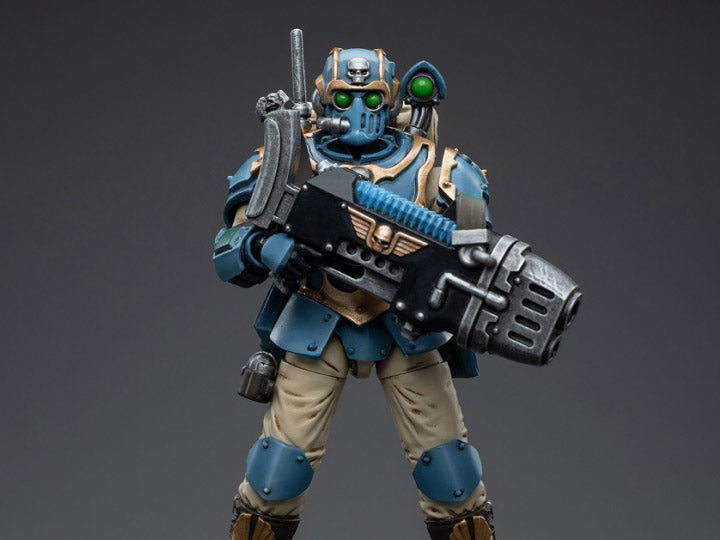This is a 1/18 scale highly detailed, articulated figure based on Warhammer 40k's Plasma Gunner of the Astra Militarum Tempestus 55th Kappic Eagles. The Plasma Gunner figure stands about 4.20 inches tall and comes with several interchangeable parts and accessories, opening the door to a plethora of different and unique display opportunities.