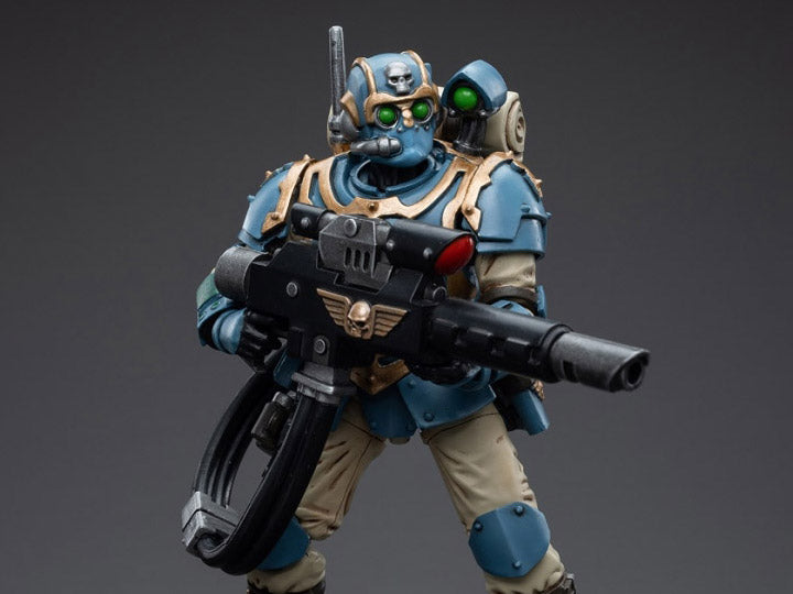 This is a 1/18 scale highly detailed, articulated figure based on Warhammer 40k's Tempestus Scion 2 of the Astra Militarum Tempestus 55th Kappic Eagles. The Tempestus Scion 2 figure stands about 4.20 inches tall and comes with several interchangeable parts and accessories, opening the door to a plethora of different and unique display opportunities.