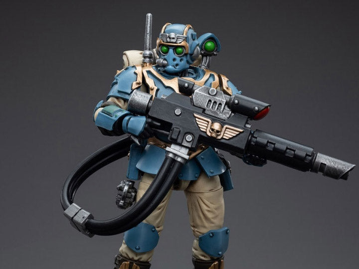 This is a 1/18 scale highly detailed, articulated figure based on Warhammer 40k's Tempestus Scion of the Astra Militarum Tempestus 55th Kappic Eagles. The Tempestus Scion figure stands about 4.20 inches tall and comes with several interchangeable parts and accessories, opening the door to a plethora of different and unique display opportunities.