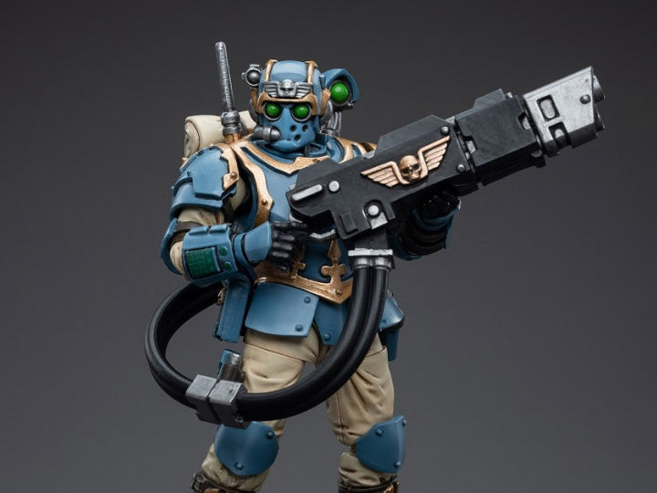 This is a 1/18 scale highly detailed, articulated figure based on Warhammer 40k's Hot-Shot Volley Gunner of the Astra Militarum Tempestus 55th Kappic Eagles. The Volley Gunner figure stands about 4.20 inches tall and comes with several interchangeable parts and accessories, opening the door to a plethora of different and unique display opportunities.