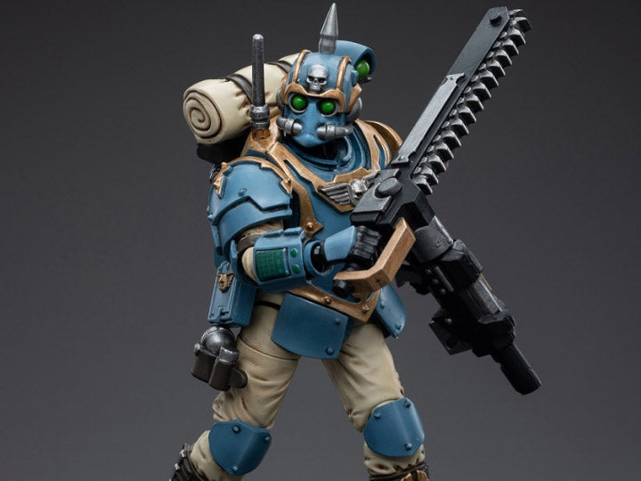 This is a 1/18 scale highly detailed, articulated figure based on Warhammer 40k's Tempestor of the Astra Militarum Tempestus 55th Kappic Eagles. The Tempestor figure stands about 4.20 inches tall and comes with several interchangeable parts and accessories, opening the door to a plethora of different and unique display opportunities.