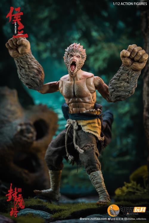 This 1/12 scale articulated figure of the martial artist monk Wukong measures around 6.5 inches tall and features real fabric clothing, alternate hands, monkey mask, beaded necklace, 2 bananas, and his monk staff. This deluxe version also comes with an alternate monkey head sculpt, golden palm effect, 2 ape forearms with fists, wind effects, and 2 extra staffs.