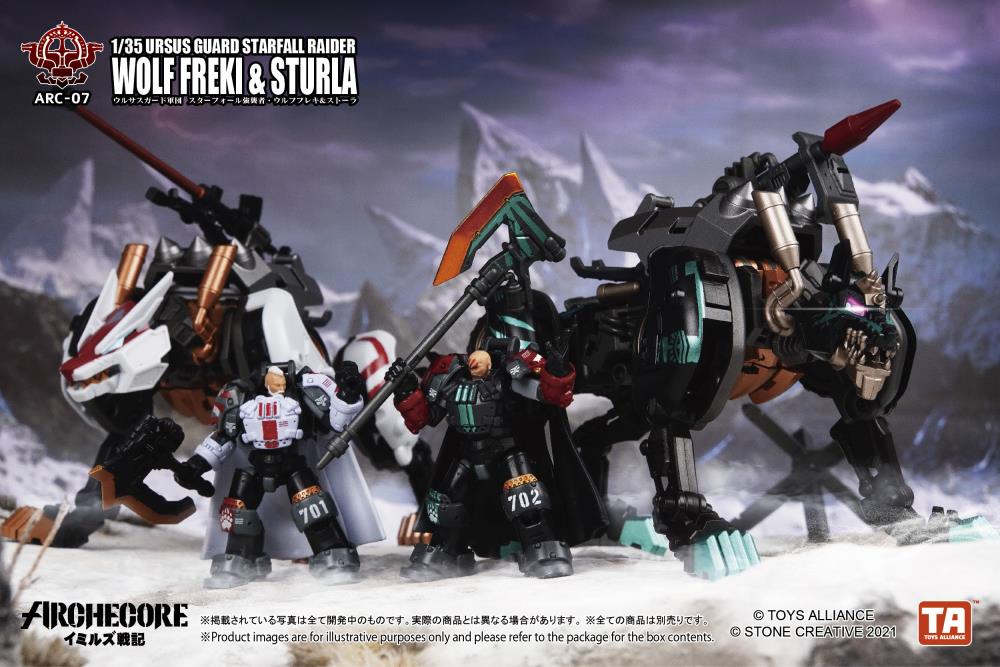 The 1/35 scale Archecore - Saga of Ymirus world of military figures, vehicles, and accessories continues with this ARC-07 Ursus Guard Wolf Freki and Sturla figures!