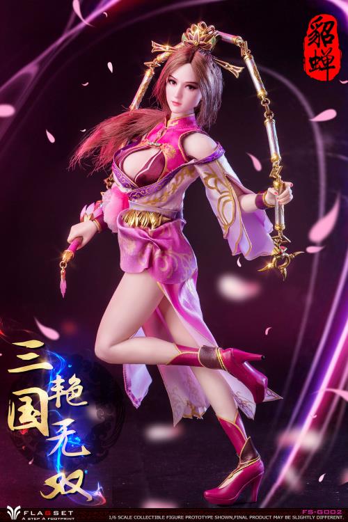 Based on the classic story Romance of the Three Kingdoms, this gorgeous 1/6 scale Flagset Diao Chan articulated figure features rooted hair, a fabric costume, and accessories.