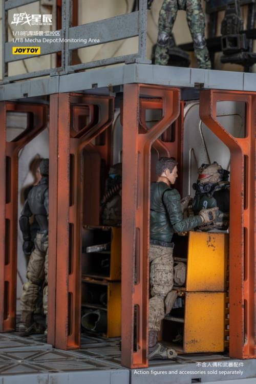 Joy Toy brings even more incredibly detailed 1/18 scale dioramas to life with this mecha depot monitoring area diorama! JoyToy set includes flooring, a pair of lower deck rooms, a monitoring room, railings, and a staircase.