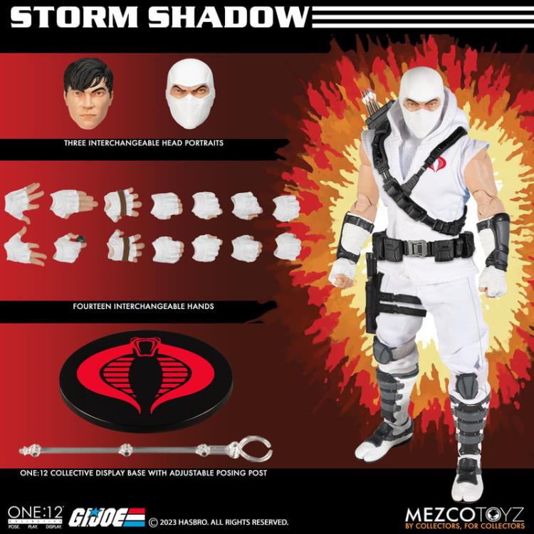 Enter Storm Shadow, Cobra Commander’s ninja bodyguard and latest addition to the One:12 Collective! The One:12 Collective Storm Shadow is outfitted in a short-sleeved karategi with Cobra insignia, shin guards, and tabi boots. His chest harness can hold 3 kunai in the front and his quiver in the back, and his thigh sheath can hold his nunchaku. Storm Shadow comes complete with two masked head portraits with different facial expressions, and 1 unmasked portrait.