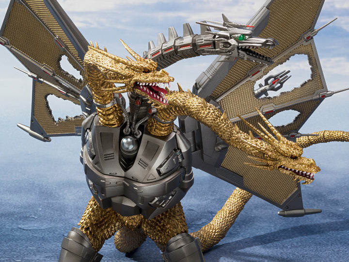 Mecha King Ghidorah die-cast action figure. S.H.MonsterArts/ Bandai Spirits/ Tamashii Nations. Giant Monster/ Dinosuars/ Kaiju/ Godzilla vs King Ghidorah series.