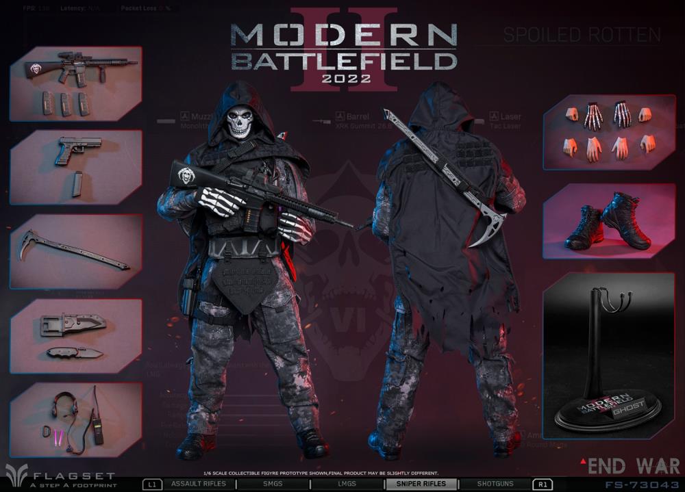 Add to your Flagset military-inspired figure collection with this 1/6 scale Battlefield End War II Grim Reaper figure. This figure features all of the Grim Reaper's signature accessories such as the sickle and cloak with a modern twist.
