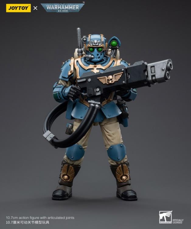 This is a 1/18 scale highly detailed, articulated figure based on Warhammer 40k's Hot-Shot Volley Gunner of the Astra Militarum Tempestus 55th Kappic Eagles. The Volley Gunner figure stands about 4.20 inches tall and comes with several interchangeable parts and accessories, opening the door to a plethora of different and unique display opportunities.