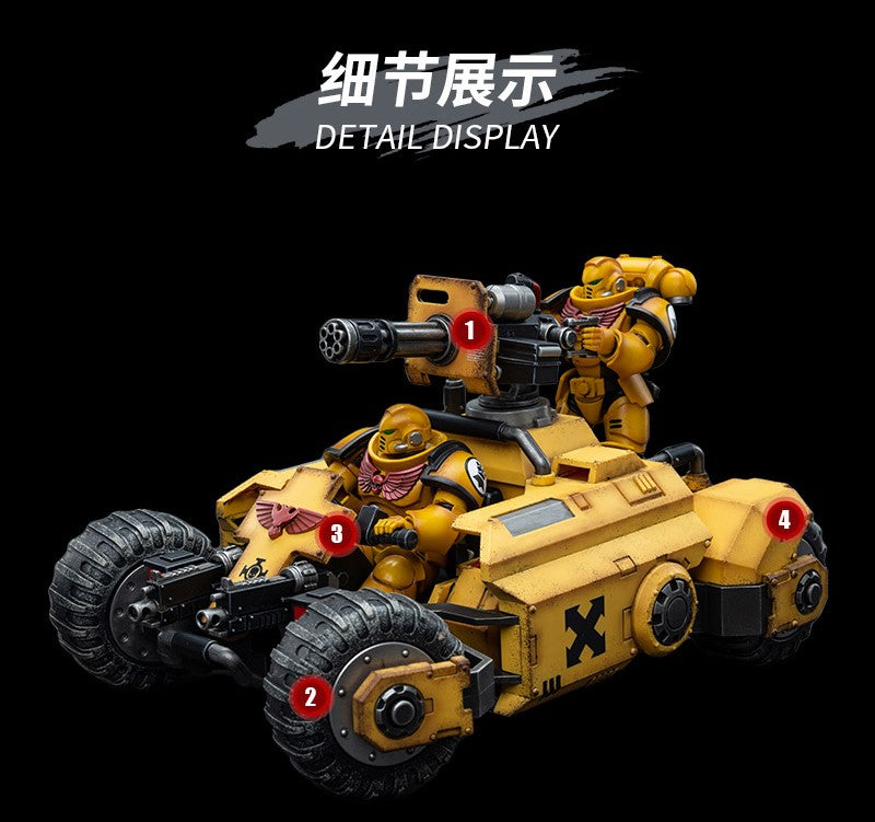 The Imperial Fists are one of the First Founding Chapters of the Space Marines and were originally the VIIthLegion of the Legiones Astartes raised by the Emperor Himself from across Terra during the Unification Wars. Joy Toy brings the Imperial Fists from Warhammer 40k to life with this new series of 1/18 scale figures. The Primaris Invader ATV is 10.23 inches with articulated joints and an impressive level of detail and coloring.