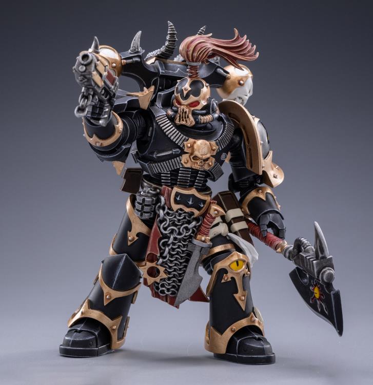 Joy Toy brings the Black Legion Chaos Space Marines to life with this 1/18 scale figure. The joyToy Black Legion is a Traitor Legion of Chaos Space Marines that is the first in infamy, if not in treachery, whose name resounds as a curse throughout the scattered and war-torn realms of Humanity. Recreate the most important battles with this highly detailed and articulated intimidating horned space marine figure.