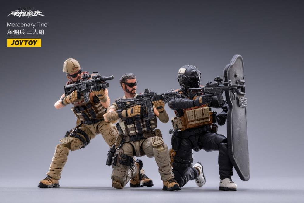Joy Toy set of Mercenary Kahn, Mercenary Johnny, and Mercenary K figures is incredibly detailed in 1/18 scale. JoyToy, each figure is highly articulated and includes weapon accessories as well as several pieces of removable gear.
