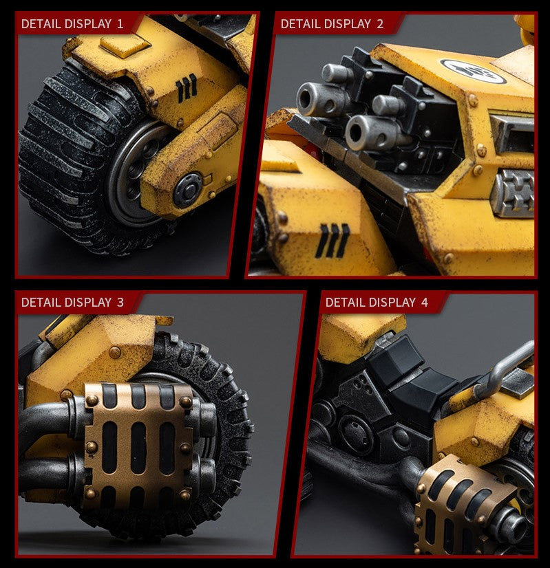The Imperial Fists are one of the First Founding Chapters of the Space Marines and were originally the VIIthLegion of the Legiones Astartes raised by the Emperor Himself from across Terra during the Unification Wars. Joy Toy brings the Imperial Fists from Warhammer 40k to life with this new series of 1/18 scale figures. The Raider-Pattern Combat Bike is 8.66 inches with articulated joints and an impressive level of detail and coloring.