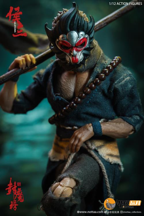 This 1/12 scale articulated figure of the martial artist monk Wukong measures around 6.5 inches tall and features real fabric clothing, alternate hands, monkey mask, beaded necklace, 2 bananas, and his monk staff. This deluxe version also comes with an alternate monkey head sculpt, golden palm effect, 2 ape forearms with fists, wind effects, and 2 extra staffs.