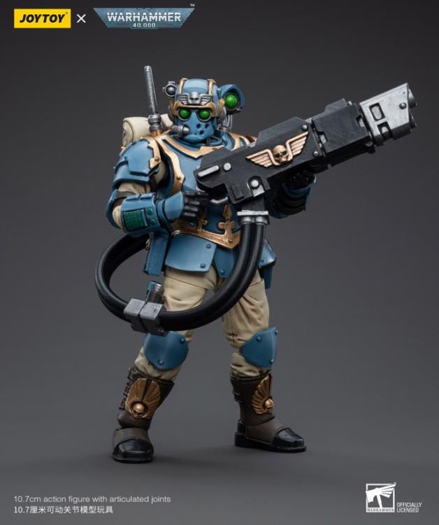 This is a 1/18 scale highly detailed, articulated figure based on Warhammer 40k's Hot-Shot Volley Gunner of the Astra Militarum Tempestus 55th Kappic Eagles. The Volley Gunner figure stands about 4.20 inches tall and comes with several interchangeable parts and accessories, opening the door to a plethora of different and unique display opportunities.