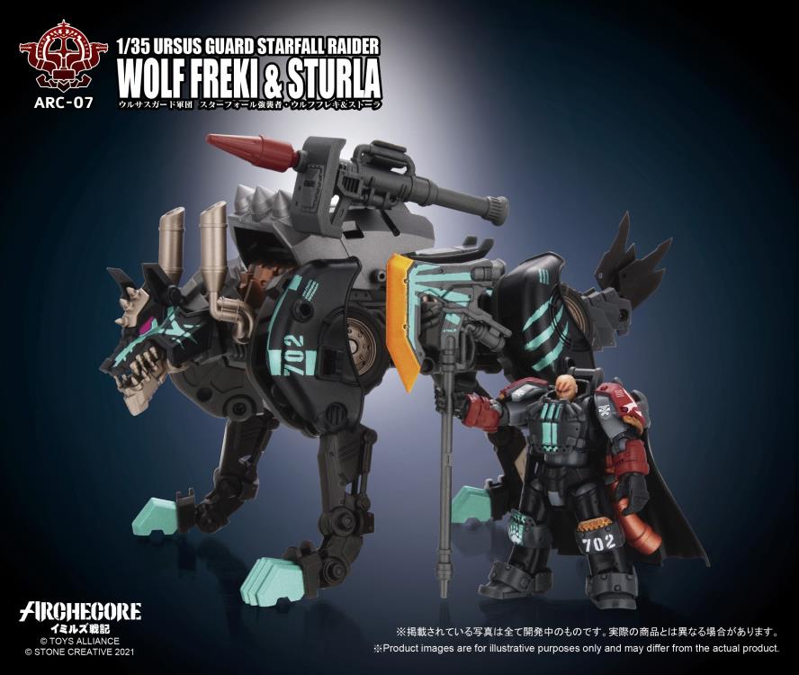 The 1/35 scale Archecore - Saga of Ymirus world of military figures, vehicles, and accessories continues with this ARC-07 Ursus Guard Wolf Freki and Sturla figures!