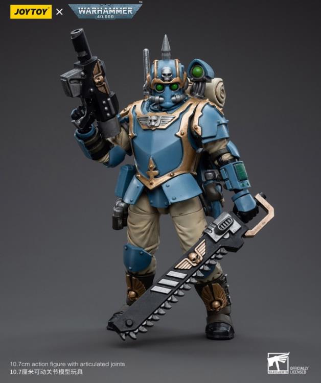 This is a 1/18 scale highly detailed, articulated figure based on Warhammer 40k's Tempestor of the Astra Militarum Tempestus 55th Kappic Eagles. The Tempestor figure stands about 4.20 inches tall and comes with several interchangeable parts and accessories, opening the door to a plethora of different and unique display opportunities.
