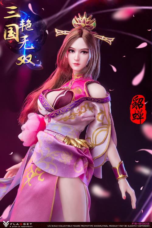 Based on the classic story Romance of the Three Kingdoms, this gorgeous 1/6 scale Flagset Diao Chan articulated figure features rooted hair, a fabric costume, and accessories.