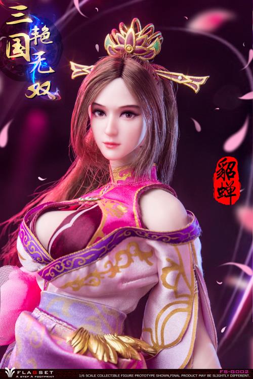 Based on the classic story Romance of the Three Kingdoms, this gorgeous 1/6 scale Flagset Diao Chan articulated figure features rooted hair, a fabric costume, and accessories.