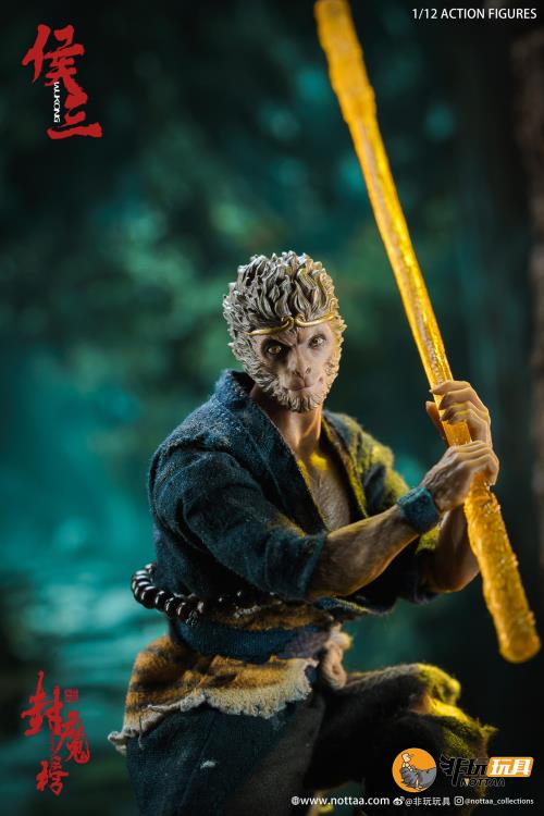 This 1/12 scale articulated figure of the martial artist monk Wukong measures around 6.5 inches tall and features real fabric clothing, alternate hands, monkey mask, beaded necklace, 2 bananas, and his monk staff. This deluxe version also comes with an alternate monkey head sculpt, golden palm effect, 2 ape forearms with fists, wind effects, and 2 extra staffs.