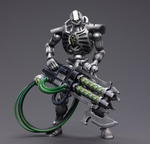 This is a Joy Toy 1/18 scale highly detailed, articulated figure based on Warhammer 40k's Immortal Necron from the Sautekh Dynasty. The Immortal JoyToy Necron figure stands just over 4 inches tall and comes with several interchangeable parts and accessories, opening the door to a plethora of different and unique display opportunities.