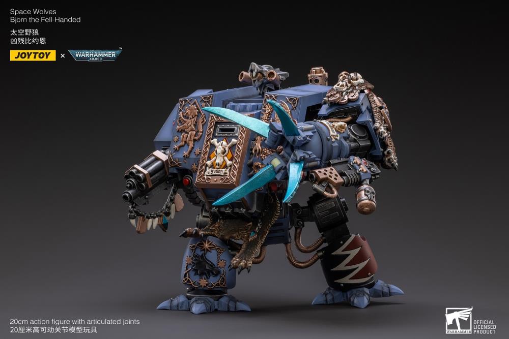 Joy Toy Warhammer 40k Space Wolves Bjorn The Fell-Handed 1/18 Scale Figure JT2924. Interred in a custom-built Dreadnought, JoyToy Bjorn is a legendary figure amongst the Space Wolves, for he fought in the Horus Heresy amongst the retinue of Leman Russ himself.