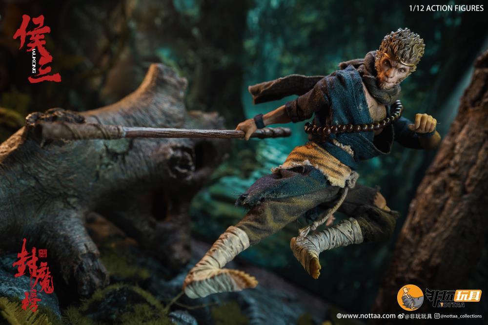 This 1/12 scale articulated figure of the martial artist monk Wukong measures around 6.5 inches tall and features real fabric clothing, alternate hands, monkey mask, beaded necklace, 2 bananas, and his monk staff. This deluxe version also comes with an alternate monkey head sculpt, golden palm effect, 2 ape forearms with fists, wind effects, and 2 extra staffs.