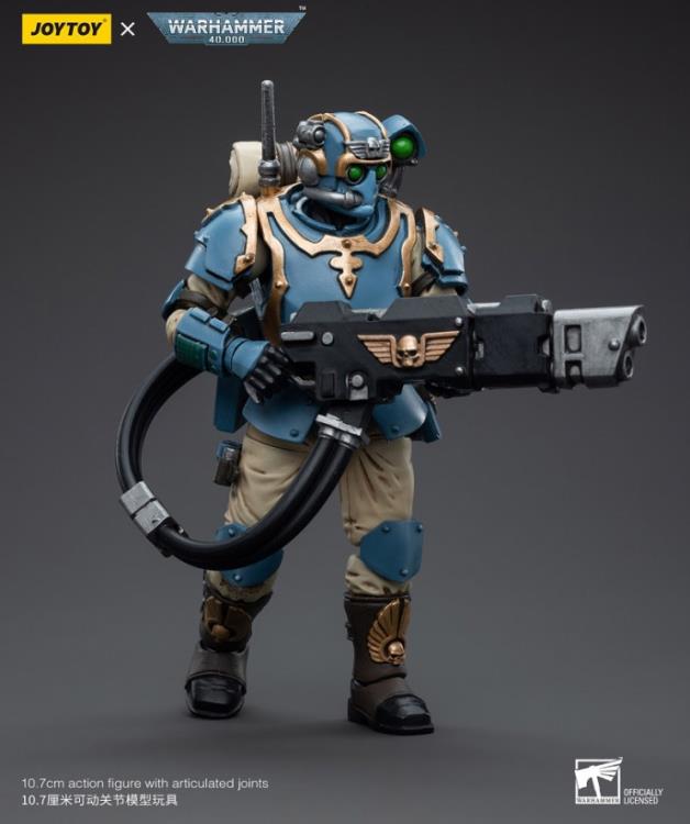 This is a 1/18 scale highly detailed, articulated figure based on Warhammer 40k's Hot-Shot Volley Gunner of the Astra Militarum Tempestus 55th Kappic Eagles. The Volley Gunner figure stands about 4.20 inches tall and comes with several interchangeable parts and accessories, opening the door to a plethora of different and unique display opportunities.