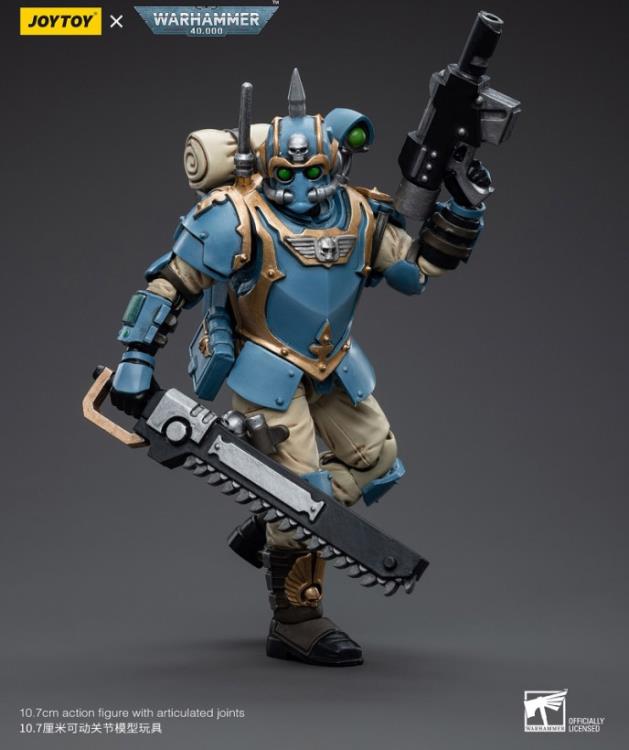 This is a 1/18 scale highly detailed, articulated figure based on Warhammer 40k's Tempestor of the Astra Militarum Tempestus 55th Kappic Eagles. The Tempestor figure stands about 4.20 inches tall and comes with several interchangeable parts and accessories, opening the door to a plethora of different and unique display opportunities.