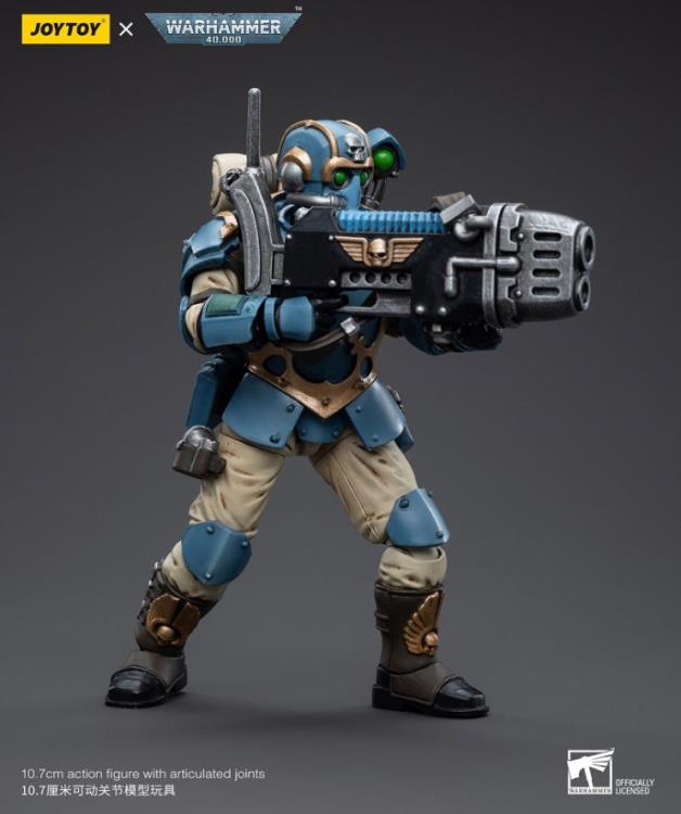 This is a 1/18 scale highly detailed, articulated figure based on Warhammer 40k's Plasma Gunner of the Astra Militarum Tempestus 55th Kappic Eagles. The Plasma Gunner figure stands about 4.20 inches tall and comes with several interchangeable parts and accessories, opening the door to a plethora of different and unique display opportunities.