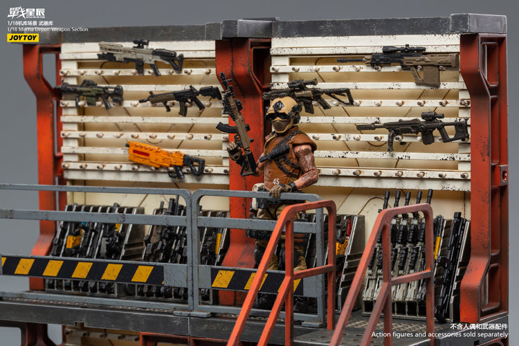 Joy Toy brings even more incredibly detailed 1/18 scale dioramas to life with this mecha depot weaponry diorama! JoyToy set includes flooring, a weapon-holding wall, and a staircase leading up to an upper railed walkway.