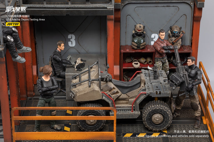 Joy Toy brings even more incredibly detailed 1/18 scale dioramas to life with this mecha depot testing area diorama! JoyToy set includes flooring, a lower deck room, railings, and a staircase.