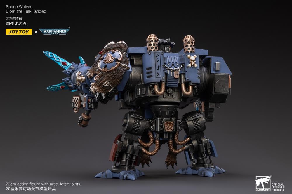 Joy Toy Warhammer 40k Space Wolves Bjorn The Fell-Handed 1/18 Scale Figure JT2924. Interred in a custom-built Dreadnought, JoyToy Bjorn is a legendary figure amongst the Space Wolves, for he fought in the Horus Heresy amongst the retinue of Leman Russ himself.