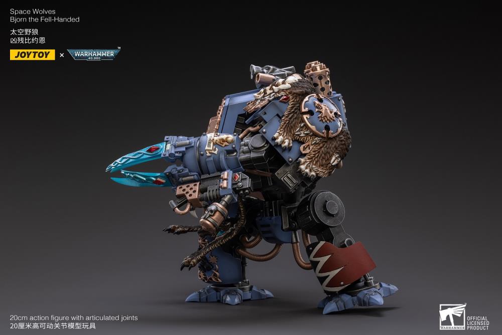 Joy Toy Warhammer 40k Space Wolves Bjorn The Fell-Handed 1/18 Scale Figure JT2924. Interred in a custom-built Dreadnought, JoyToy Bjorn is a legendary figure amongst the Space Wolves, for he fought in the Horus Heresy amongst the retinue of Leman Russ himself.
