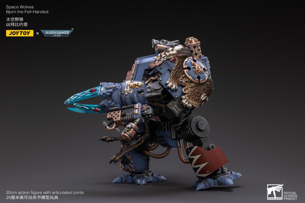 Joy Toy Warhammer 40k Space Wolves Bjorn The Fell-Handed 1/18 Scale Figure JT2924. Interred in a custom-built Dreadnought, JoyToy Bjorn is a legendary figure amongst the Space Wolves, for he fought in the Horus Heresy amongst the retinue of Leman Russ himself. 